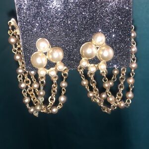 Vintage Faux Pearl Waterfall Climber Clip On Earrings